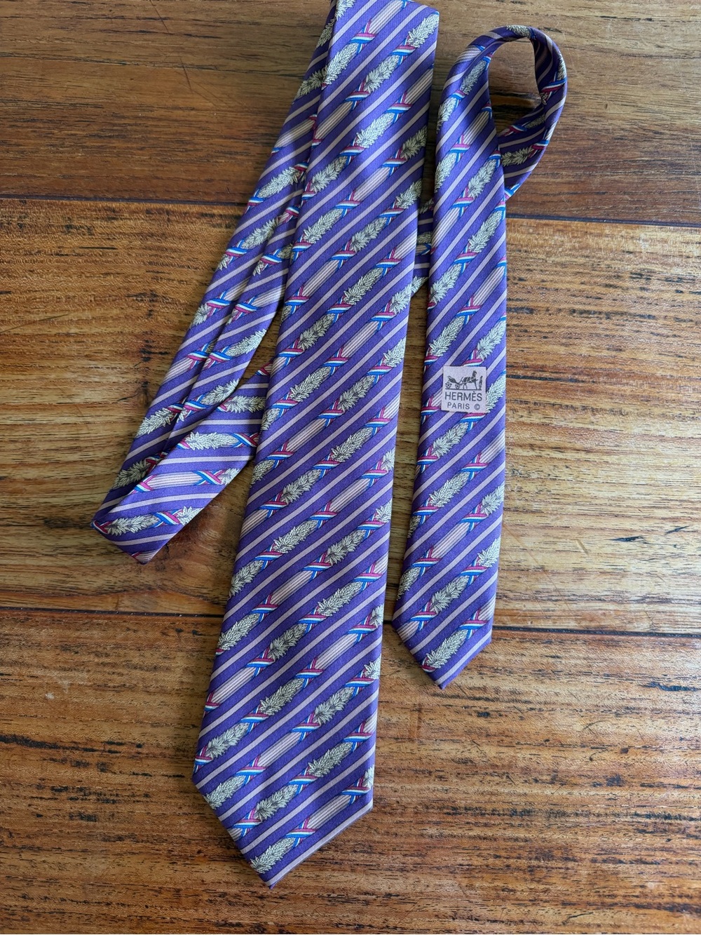Vintage Hermes Paris Silk Tie Traditional Branches French Flag Ribbon
